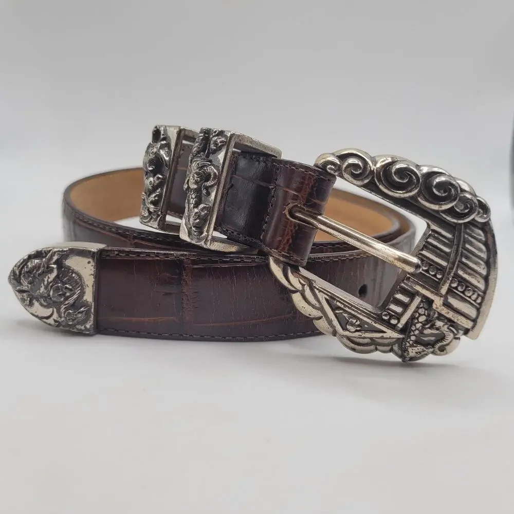 VTG Brighton Belt Sml Brown Leather Croc Embossed Noah's Ark Western 90s Cowgirl